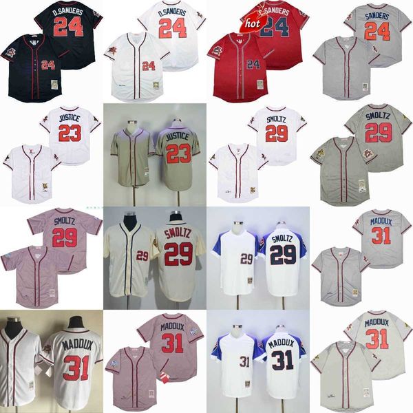 NCAA Vintage 24 Deion Sanders Maglie da baseball 29 John Smoltz 31 Greg Maddux 23 David Justice Jersey Sport traspirante Bianco Blu Grigio