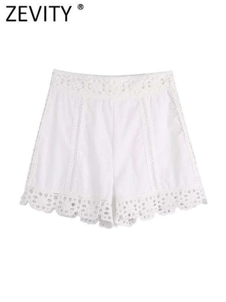 Shorts femininos zevity feminino moda renda crochê de retalhos de retalhos de gabinetes brancos ladro lateral zíper quente chique pantalone cortor P392 y2302