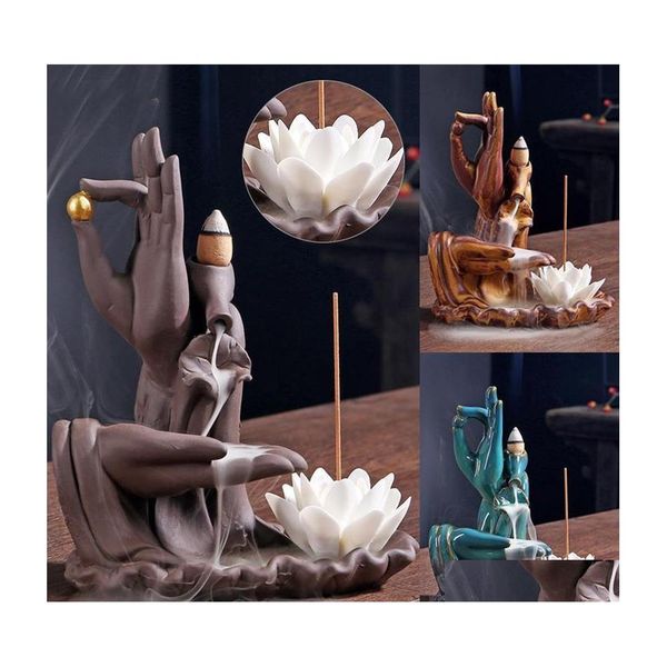 Duftlampen Buddha Hand Räucherstäbchenhalter Lotus Rückflussbrenner Lila Sand Rauch Wasserfall Keramik Räuchergefäß Dekorativer Buddha Dhjl4