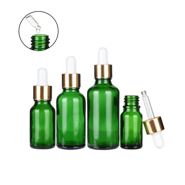100pcs de vidro verde Óleos essenciais perfumes garrafas de reagente líquido garrafa de pipeta 15ml 20 30 ml com aromaterapia de tampa de tampa dourada de tampa de tampa de tampa 5ml-100ml por atacado
