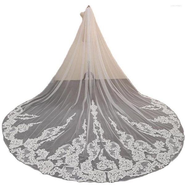 Veli da sposa Velo da sposa bianco 300 cm con pettine Tulle morbido Bordo in pizzo Lunghezza cattedrale uno strato applicato