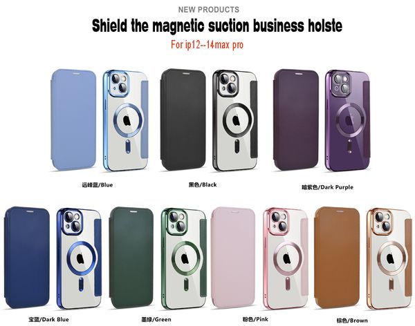 New Business Golden Shield Transparente Galvanik-Magnetgehäuse mit Saugfunktion, geeignet für iPhone 14-Handyhülle, Diebstahlschutzbürste, 13-Uhr-Clamshell-Holster