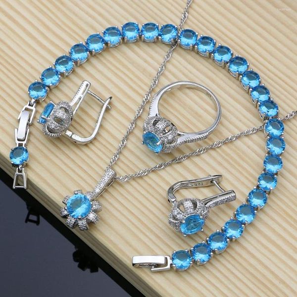 Jóias de casamento Conjuntos de jóias 925 Silver Bridal Blue Blue para Brincos de Aniversário de Mulheres com Colar de Pedra Drop Set