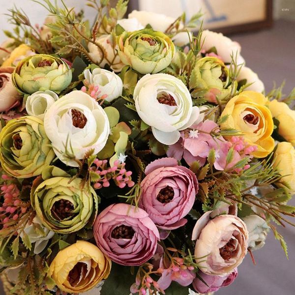 Flores decorativas 1 Buquet Camellia Tea Artificial Bud Peony Rose Seda Flores Flores Flores de Casamento Diy Home Garden Party El Decoração