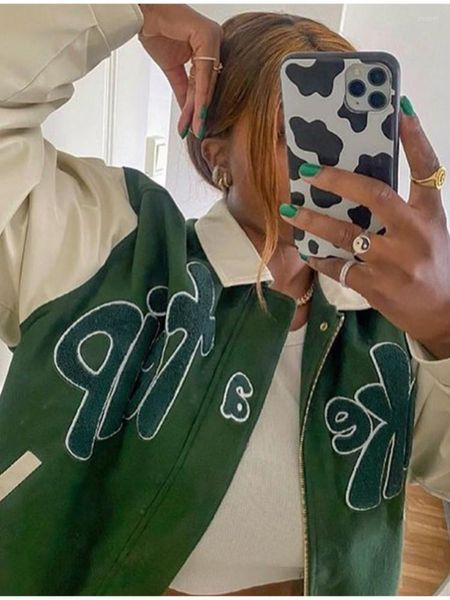 Felpe con cappuccio da donna Bomber da strada Giacca da donna manica a contrasto verde erba con lettera applique Baseball Hip-hop Streetwear