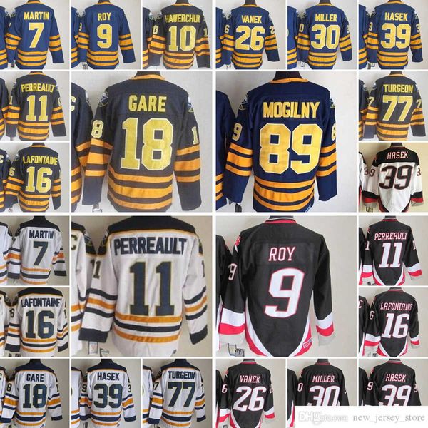 1970-1999 Film Retro CCM Maglia da hockey Ricamo 7 Rick Martin Roy Hawerchuk Perreault LaFontaine Gare Vanek Miller Hasek Turgeon Maglie vintage