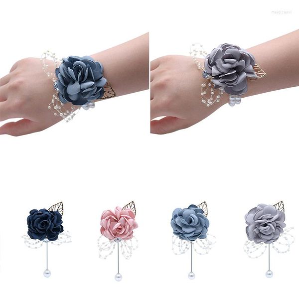 Flores decorativas 1pc Bridesmaid Bracelet Corsage de casamento Polyester Rose Rose Pearl Bow Bridel Gifts