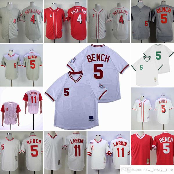 Film Vintage 5 Johnny Bench Baseball-Trikots genäht 11 Barry Larkin 4 Brandon Phillips Jersey Atmungsaktiver Sport Weiß Schwarz Grau Pullover