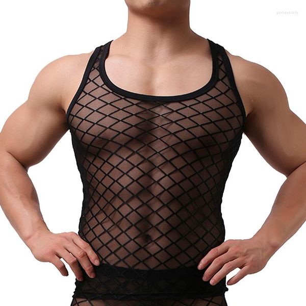 Tanques masculinos tops masculinos super sexy em forma de diamante com colete sem mangas de manga e mira fina de camisa apertada lingerie respirável