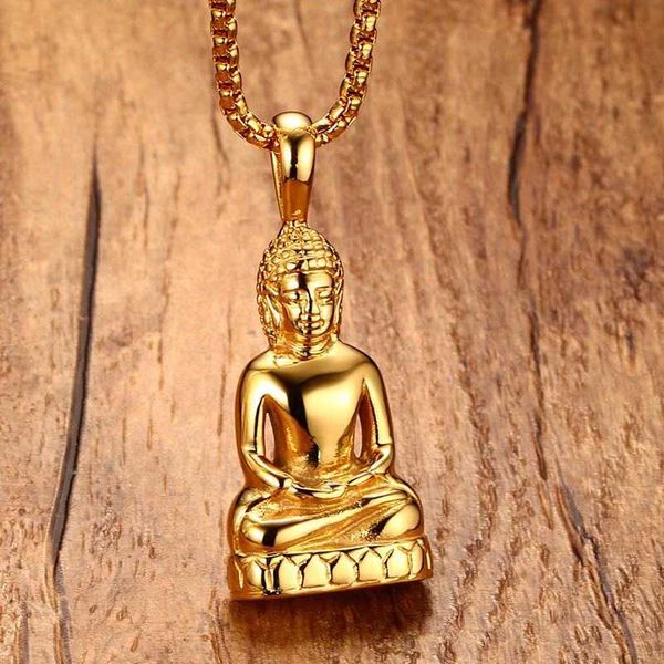 Anhänger-Halsketten Herren-Buddha-Anhänger-Halskette Bodhisattva-Amulett-Talisman-Halsketten aus goldfarbenem Edelstahl Modeschmuck für Männer G230206