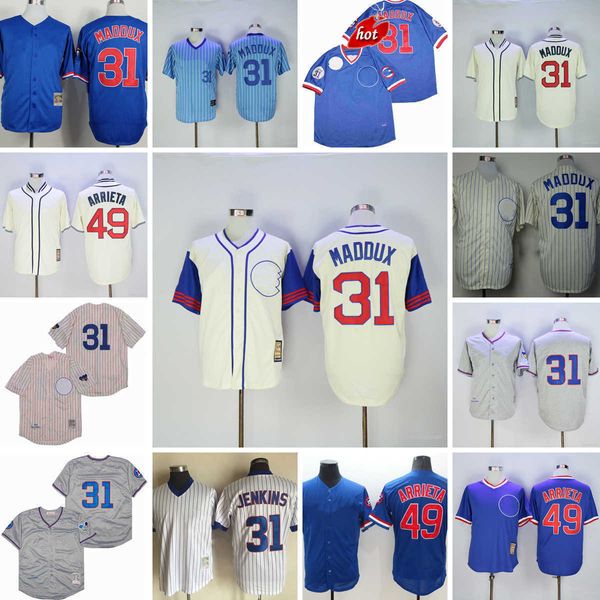 NCAA Vintage 31 Greg Maddux Jerseys de beisebol 49 Jake Arrieta Jersey Costurado Azul 1994 Cinza Branco Creme 1929 1942 1969 Jersey