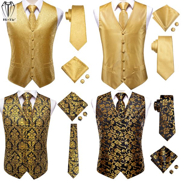 Coletes Masculinos HiTie Luxo Seda Ouro Amarelo Laranja Colete Jaqueta Lenço Abotoaduras para Homens Vestido Terno Casamento Negócios 230209