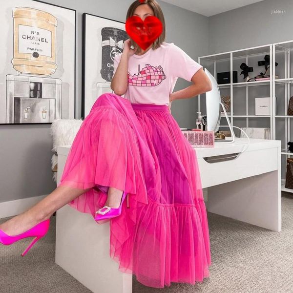 Rokken Fuchsia Lange Tule Voor Vrouwen 2023 Zomer Maxi Femme Rok Meisjes Formele Verjaardag Mujer Faldas Roze