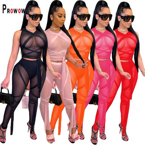 Zweiteilige Damenhose Prowow Sexy durchsichtiges Mesh-Damenbekleidungsset, abgeschnittene Oberteile, hohe Taille, Hosenanzüge, dünne Bandage, schlanke, figurbetonte Outfits 230209