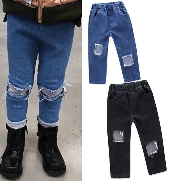 Jeans Moda Pantaloni elastici in vita Pantaloni blu con foro rotto falso Abbigliamento per ragazze per bambini Abbigliamento per bambini