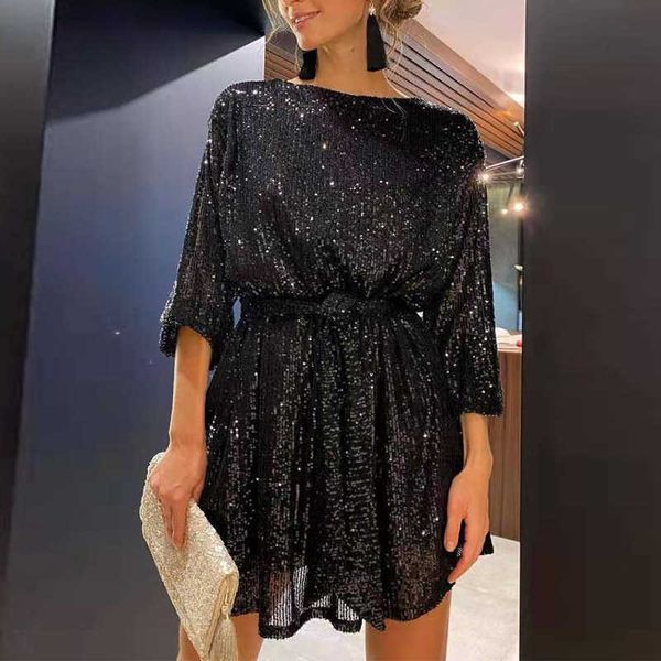 Abiti casual Paillettes Cintura a maniche lunghe da donna Mini abito da festa O-collo allentato Ladies Solid Bling Fashion Vestidos 2022 Capodanno formale Y2302