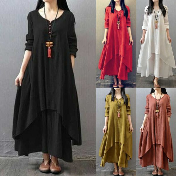 Vestidos casuais verão mulheres boho linho de algodão vintage kaftan cigano solto maxi falsa peça literária irregular grande túmulo de balanço y2302