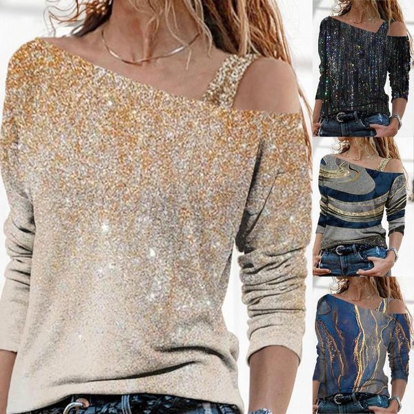 Blouses feminina Mulheres tops e jaqueta de camisa de mangas compridas elegantes com blusas de ombros abertos de mármore Mujer de moda 2023
