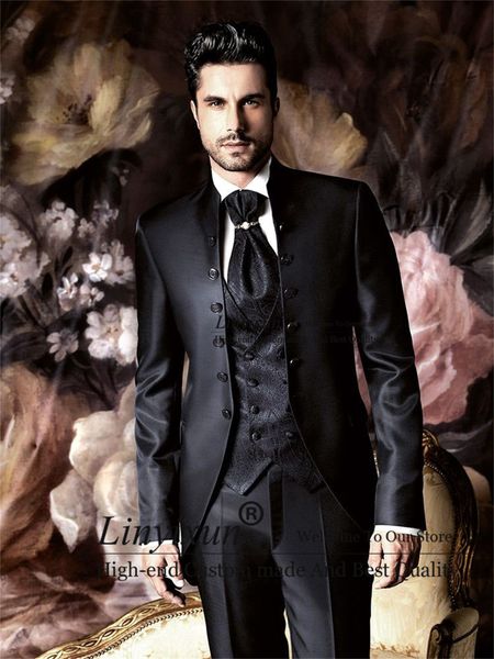 Masculino blazers masculino clássico mandarim lapeel noivo smokings tuxedos preto padrão cistascoat blazer 3 peças conjunto teno masculino 230209