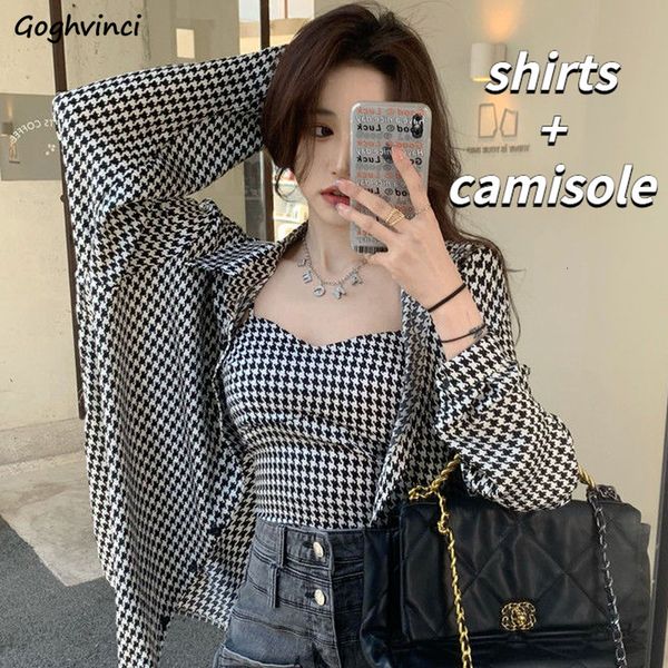 Damen Trainingsanzüge Sets Frauen 2 Stück Allmatch Plaid Langarmshirts abgeschnitten Camisole Sexy Sunproof Ulzzang Fashion Classy Ins Female Y2k 230209