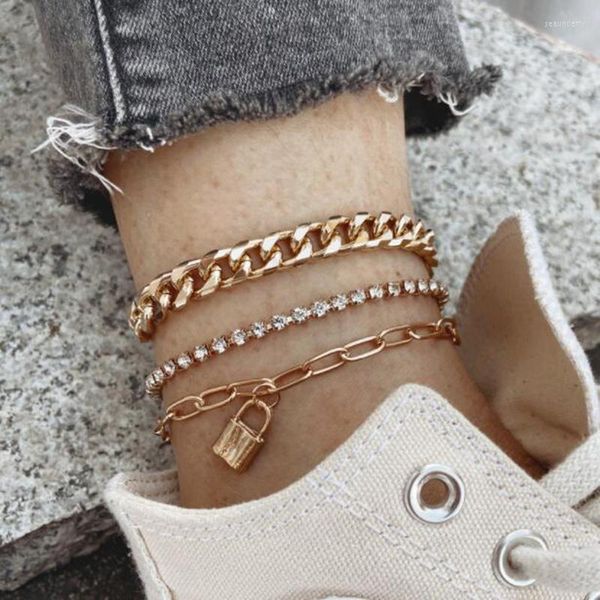 Fußkettchen, trendige mehrschichtige Kette für Damen, Damen-Knöchelarmband mit Schloss-Anhänger am Bein, Barfuß-Sandale, Strandschmuck