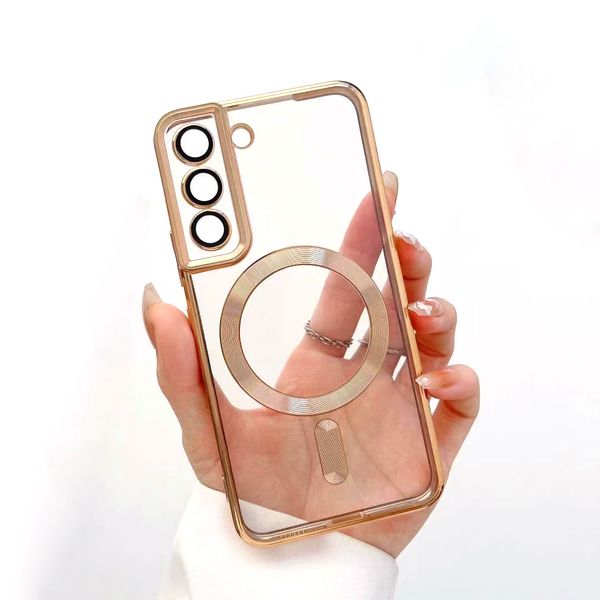 Caixa de telefone magn￩tica transparente Eletroplata￧￣o Samsung Galaxy S23 S22 Ultra S21 Plus com capa de filme de lente para carregador sem fio MagSafe