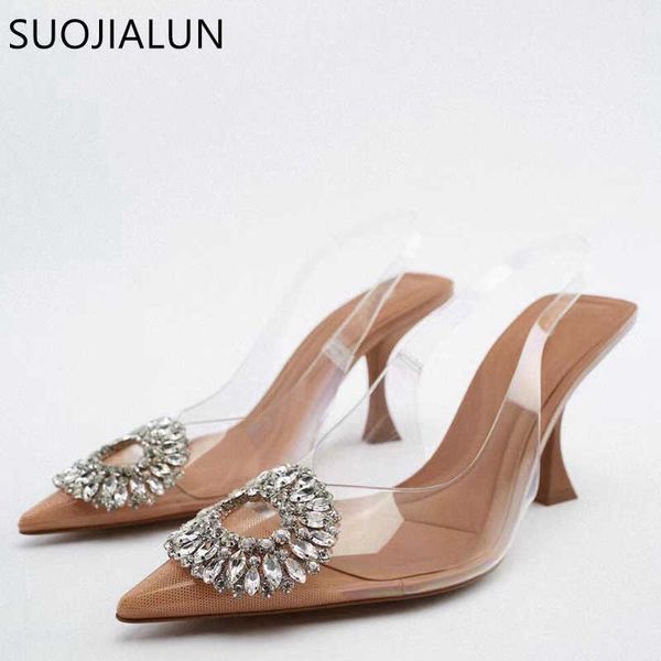 Сандалии Suojialun Новая марка женщины тонкие высокие каблуки Slingback Shoes Fashion Bling Crystal Ladies Элегантные сандалии для туфли платья вечеринка T230208