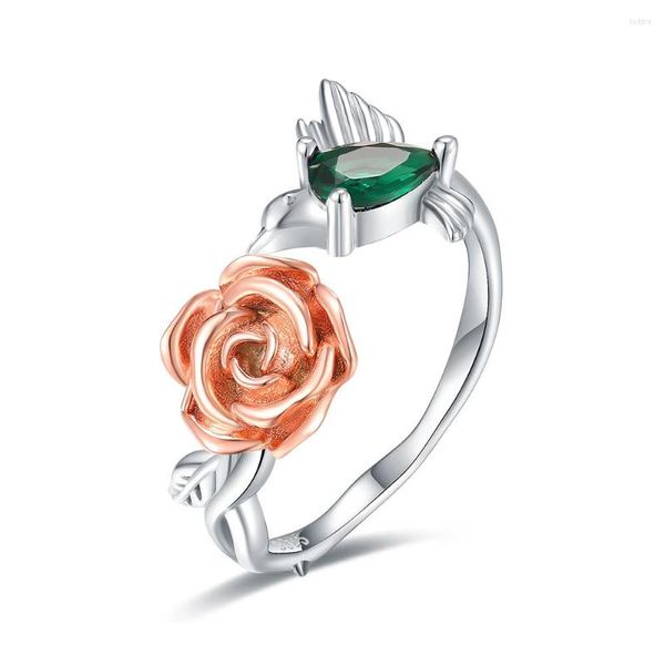 Anelli a grappolo Anelli aperti regolabili in argento sterling con cristallo verde colibrì Roseflower con gioielli CZ Regali di San Valentino per le donne