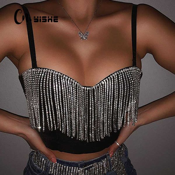 Kadınlar T-Shirt Cnnyishe Moda Seksi Kulüp Giyim Elmas Tassel Mahsul Üstler Kolsuz Tişörtler İnce Lady Bralette Strap Skinny Tee Y2302