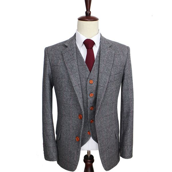 Abiti da uomo Blazer Lana Retro Grigio a spina di pesce Tweed Abito su misura stile britannico su misura slim fit Blazer abiti da sposa per uomo 3 pezzi 230209