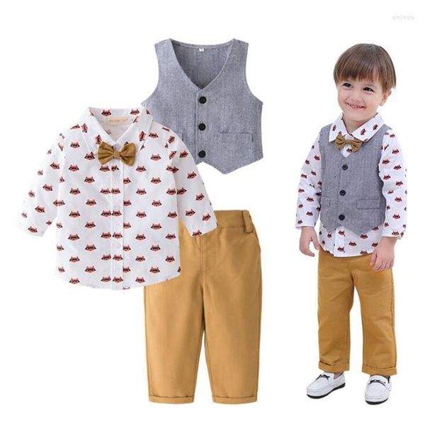 Set di abbigliamento Autunno Bambino Neonati Papillon Abito formale Tute a maniche lunghe Camicia Top Gilet Pantaloni 3 pezzi Abiti casual Set