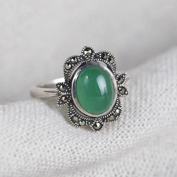 Ringos de cluster FNJ 925 Silver Ring for Women Jewelry Original S925 Sterling Marcasite Green Green Agate