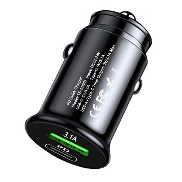 Cigarro de cigarro de carro Dual Port Mini USB C 3.1a Telefone celular Charging Fast Tipo C USB PD Car Charger