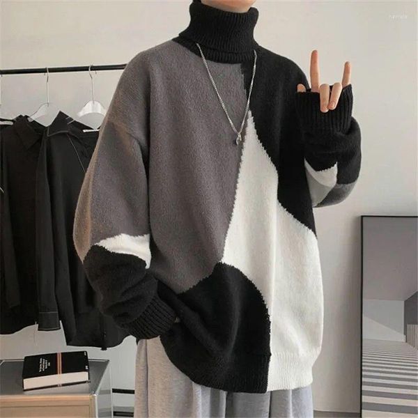 Maglioni da uomo Inverno Hit Color Maglione a collo alto a maniche lunghe da uomo Addensare Mantieni caldo Pullover lavorato a maglia per ragazzi Moda Harajuku Abbigliamento Nero