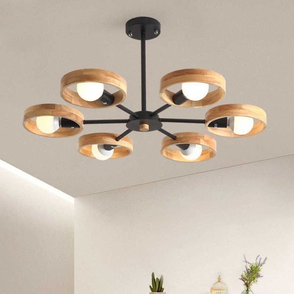 Lichter nordische hölzerne Kronleuchterlampe für lebendiges Schlafzimmer Esszimmer Dekor runde Holzlampenschatten Schwarz E27 Decke Hanging Licht 0209