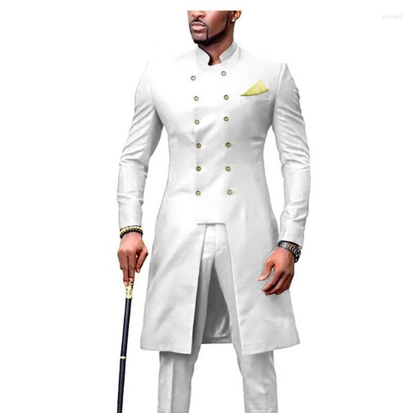 Herrenanzüge JELTOIN Afrikanisches Design Weiße Männer Stehkragen Zweireiher Hochzeit Für Bräutigam 2 Stück Lange Mantelhose