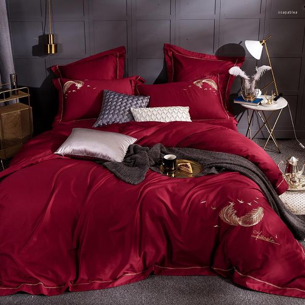 Bettwäsche-Sets 2023 Baumwolle Klassischer europäischer Stil Luxus-Set. Bettbezug Bettlaken Leinen Kissenbezüge. Maya-Rot