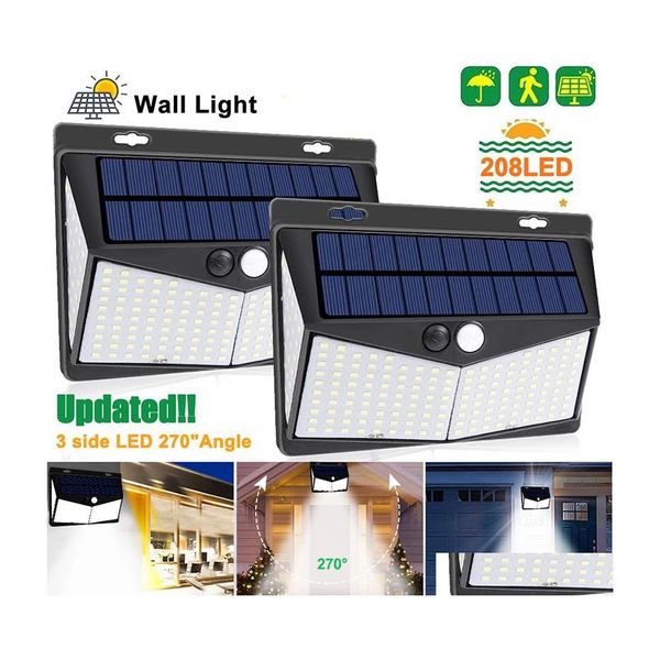 Luzes de parede solar 208 LED Light Garden Street L￢mpada ao ar livre Luz solar ￠ prova d'￡gua Sensor de movimento PIR para decora￧￣o Deliver