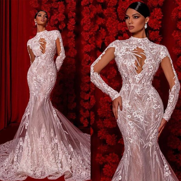 Abiti da sposa sexy a sirena O-Collo Nuovo elegante pizzo ricamato Due strati Abito da sposa con strascico su misura Robes De Mariee