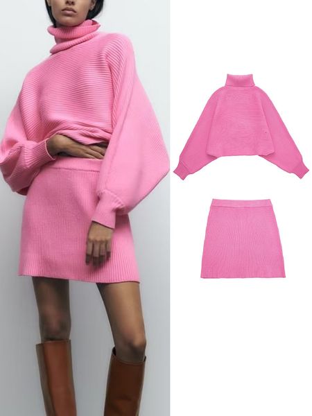 Zweiteiliges Kleid ONKOGENE Elegantes rosa 2 Strickpullover Rock Set Vintage weicher Rollkragenpullover Fledermausärmel weiblicher lässiger Damenanzug 230209