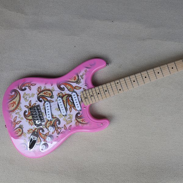 Chitarra elettrica rosa a 6 corde con adesivo speciale Pickup SSS per tastiera in acero personalizzabili