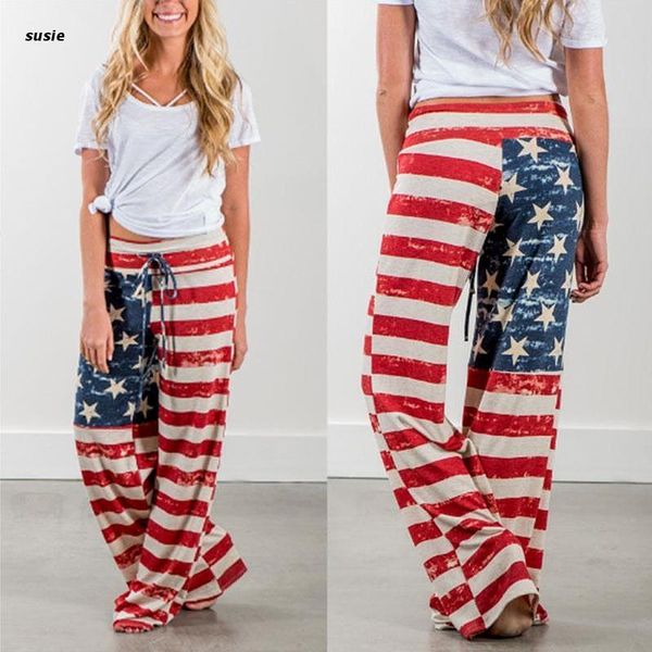 Frauen Hosen Capris Frauen Lose Amerikanische Flagge Kordelzug Vintage Gestreiften Patchwork Gedruckt Breite Bein Lange HosenDamen