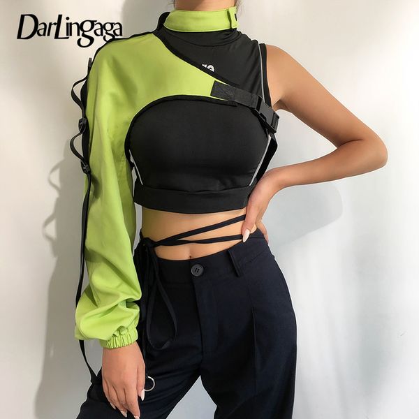 Felpe con cappuccio da donna Felpe con cappuccio Darlingaga Streetwear Felpa con cappuccio al neon Felpa con cappuccio Fibbia Camice riflettente Una spalla Outwear olografico 230208