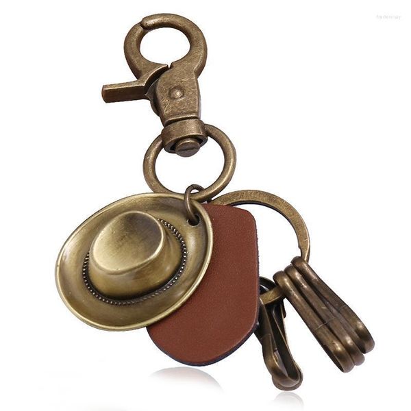 Schlüsselanhänger Vintage Bronze Cowboyhut Charm Multi-hängender Ring Brauner Lederanhänger Schlüsselanhänger Accessoires Modeschmuck Geschenke Fred22