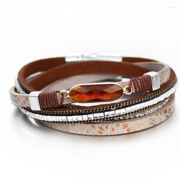 Charm Armbänder Allyes Vintage Druck Lederarmband für Frauen Boho Kristall geflochtene lange Kette Wrap Valentinstag Geschenke