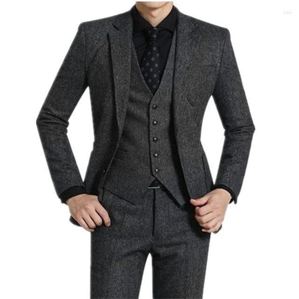Ternos masculinos 3 peças de tweed cinza homens para casamento pico lapela de lapela personalizada noivo casual smokings 2023 Winter Man Moda