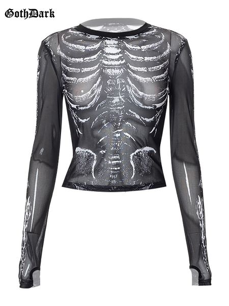 Maglietta da donna Goth Dark Skeleton Print Mesh Mall Gothic Maglietta da donna Grunge Estetica See Through Crop Top sexy Emo Black egirl Alt Clothes 230208