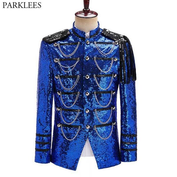 Abiti da uomo Blazer Royal Blue Paillettes Impreziosito Giacca sportiva militare Giacca da uomo Stage Party Prom Tuxedo Suit Cantante Spettacolo DJ Costume Homme 230209