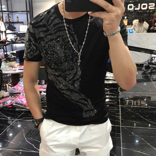 Camisetas masculinas Top Tee Personalidade Tiger Hot Diamond Printing Tshirt Men 2021 Streetwear camise