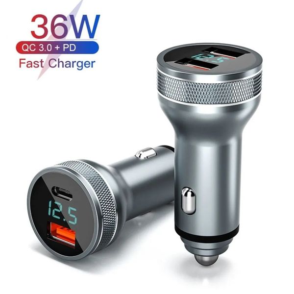 USB CAR Charger PD 36W Metal Alloy Alloy QC 3.0 Быстрая зарядка зарядное устройство Dual Ports Auto Type C Зарядные устройства телефона C Зарядные устройства